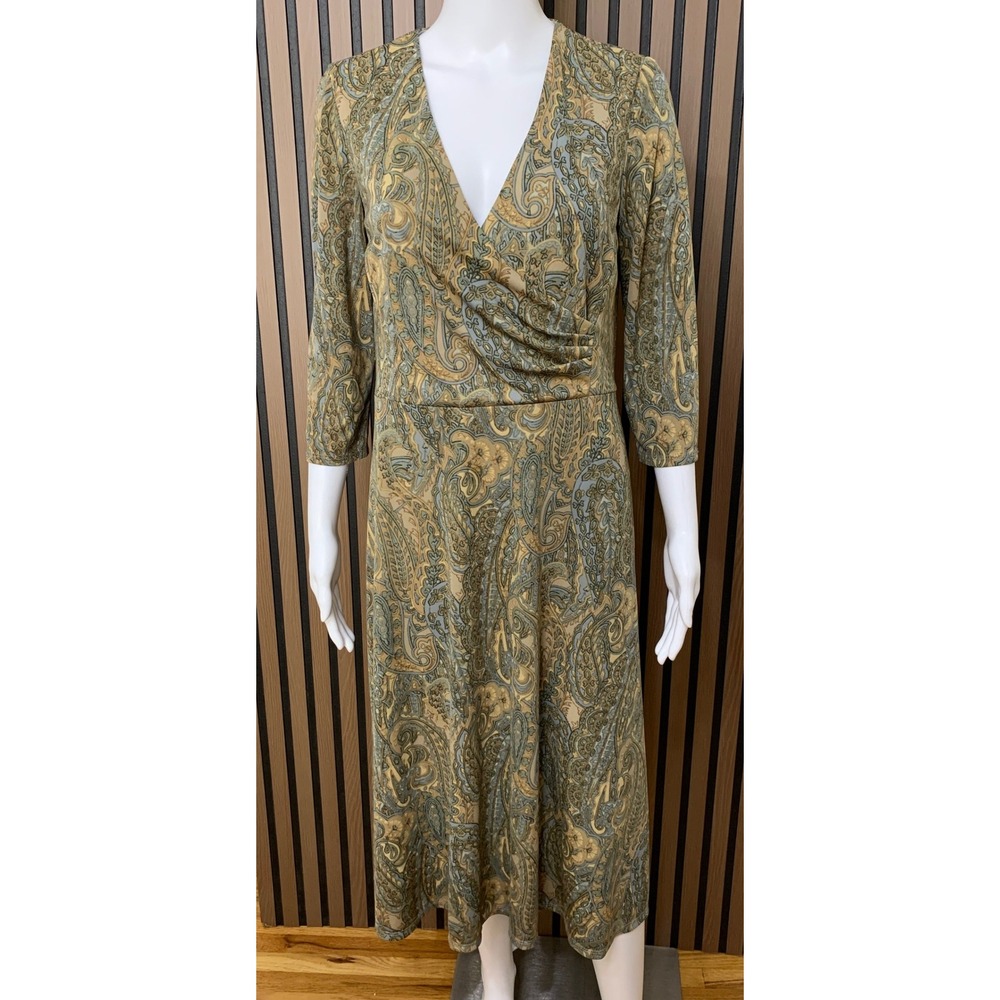 Lauren Ralph Lauren Paisley Faux Wrap Midi Dress Blue Tan 3/4 Sleeve Size 8